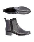 Genuine leather ankle boots with block heels, decorative studs, and a shock absorbing outsole, on a white background.