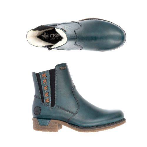 Pair of teal ankle boots with black elastic goring, red detail stitching and brown outsole.