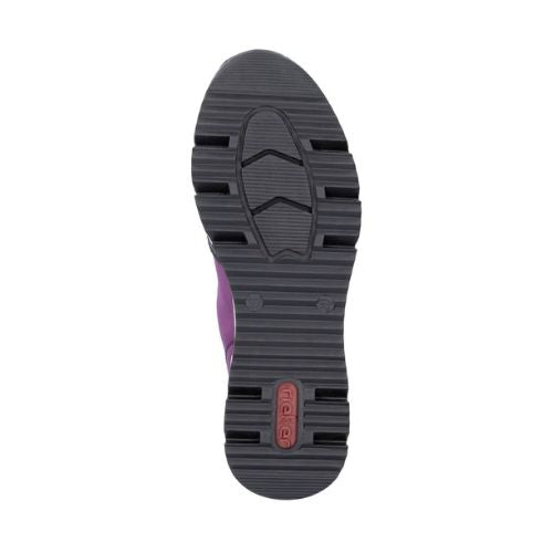 A black outsole with tread lines and red Rieker logo in heel.