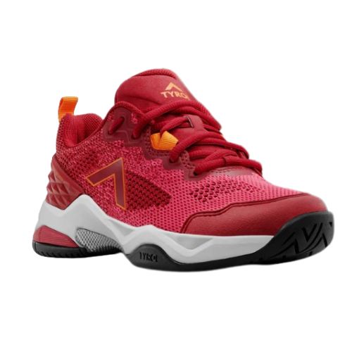 Crimson pickleball shoes with a breathable nylon upper, orange accents, and a white sole for lateral stability.