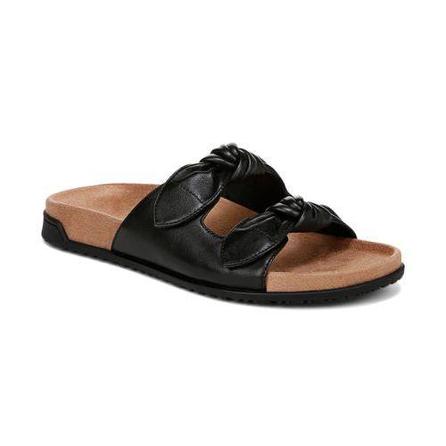 Elara Slide Sandal in black with dual knotted straps, cushioned footbed, and durable rubber outsole.