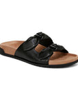 Elara Slide Sandal in black with dual knotted straps, cushioned footbed, and durable rubber outsole.