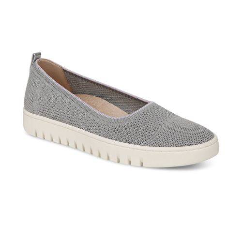 Vionic Uptown Skimmer is a gray slip-on knit ballet flat with a white textured sole, offering orthotic-friendly comfort.