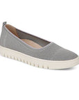 Vionic Uptown Skimmer is a gray slip-on knit ballet flat with a white textured sole, offering orthotic-friendly comfort.