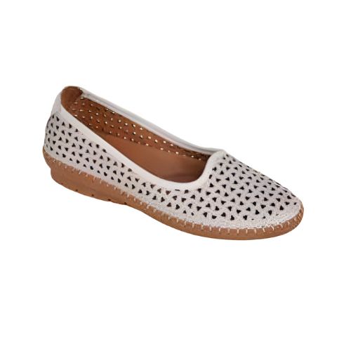 White ballet flat shoe with cutouts and brown outsole.