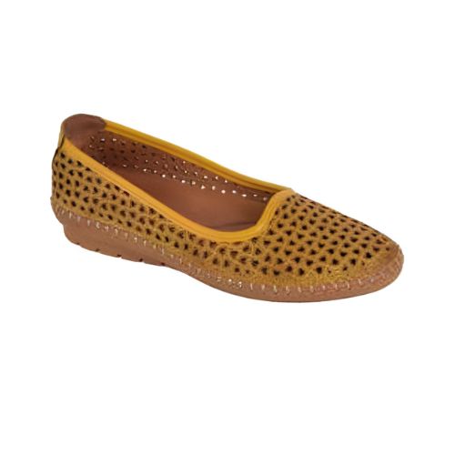 Yellow ballet flat with cutouts and brown outsole.