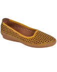 Yellow ballet flat with cutouts and brown outsole.