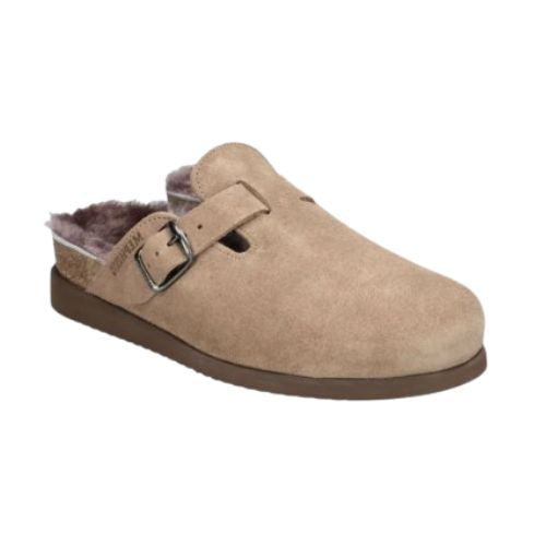 Mephisto clog with suede upper in warm grey, side buckle and fur lining