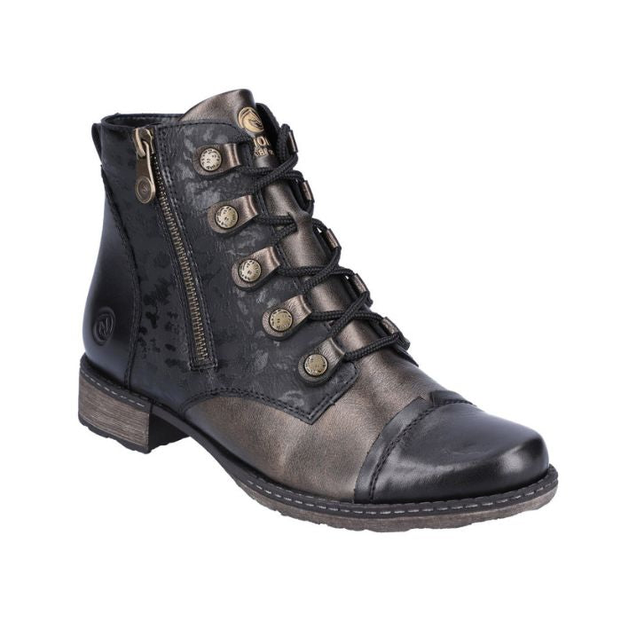 Black and bronze ankle boot with lace closure.