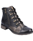 Black and bronze ankle boot with lace closure.