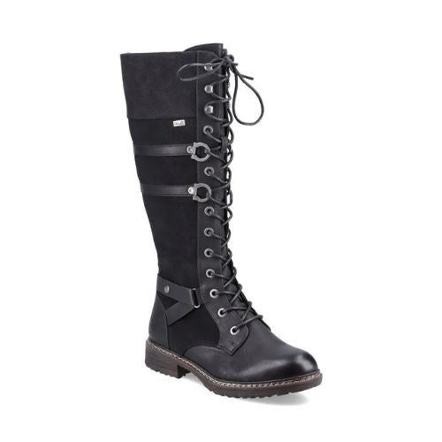 Tall black combat style boot with laces all the way up and accent straps along sides