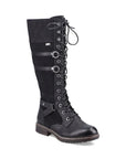 Tall black combat style boot with laces all the way up and accent straps along sides