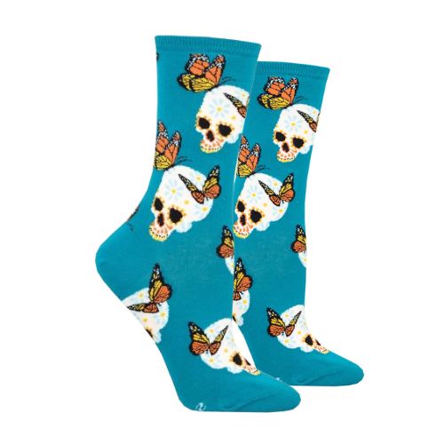 Pair of  blue socks with monarch butterflies and skulls all over both