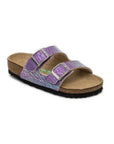 Purple supportive sandal with two silver buckles and a black oustole.