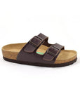 Brown supportive sandal with two buckles and dark brown outsole.