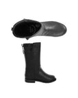 Tall black boot with inside zipper closure.