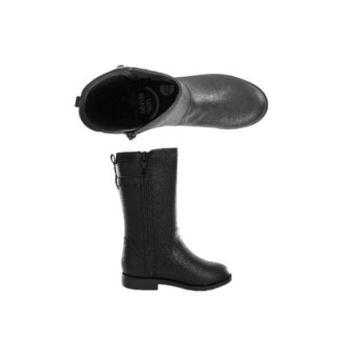 Tall black boot with inside zipper closure.