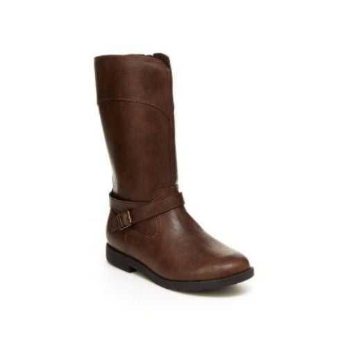 Brown tall boot with buckle strap and ankle and dark outsole.