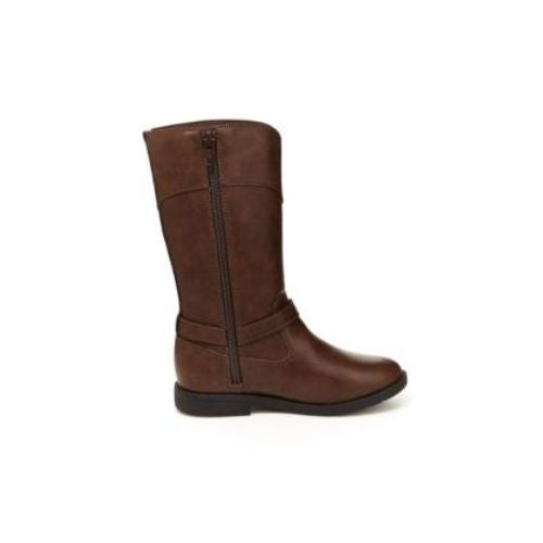Brown tall boot with inside zipper and ankle and dark outsole.