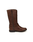 Brown tall boot with inside zipper and ankle and dark outsole.