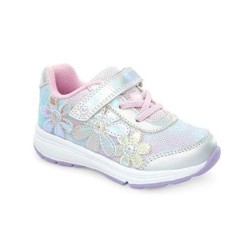 Childrens sneaker with iridescent finish, floral designs, light-up features, and Velcro strap. Pink/purple accents.