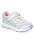 Childrens sneaker with iridescent finish, floral designs, light-up features, and Velcro strap. Pink/purple accents.