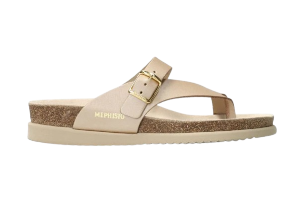 Beige Helen Thong sandal by Mephisto, cork and latex footbed, gold buckle, adjustable instep strap.