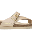 Beige Helen Thong sandal by Mephisto, cork and latex footbed, gold buckle, adjustable instep strap.