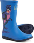 Jr Roll Up in Blue. Blue rubber boot with purple T-Rex painted n the side. Outsole is black. 