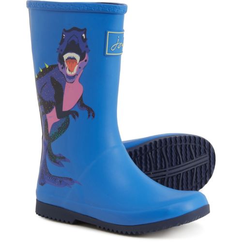 Jr Roll Up in Blue. Blue rubber boot with purple T-Rex painted n the side. Outsole is black. 