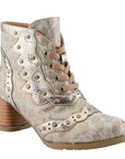 Beige lace up ankle boot with low block heel with round stud, metallic colors and crystal accents