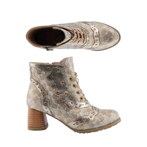 Top and side view of beige lace up ankle boot with low block heel with round stud, metallic colors and crystal accents