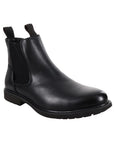 Devlan black leather Chelsea boot. Features black elastic goring and pull tabs at opening. Outsole is black. 