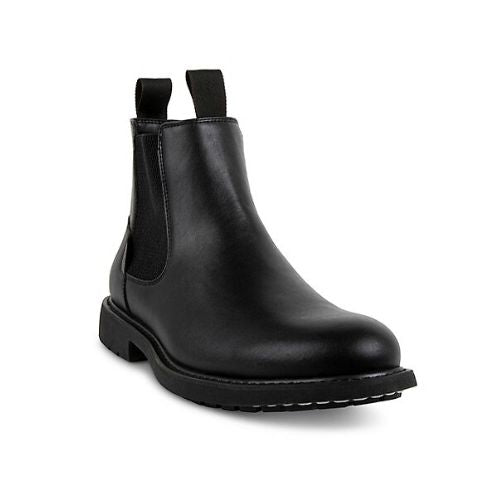 Devlan black leather Chelsea boot. Features black elastic goring and pull tabs at opening. Outsole is black. 
