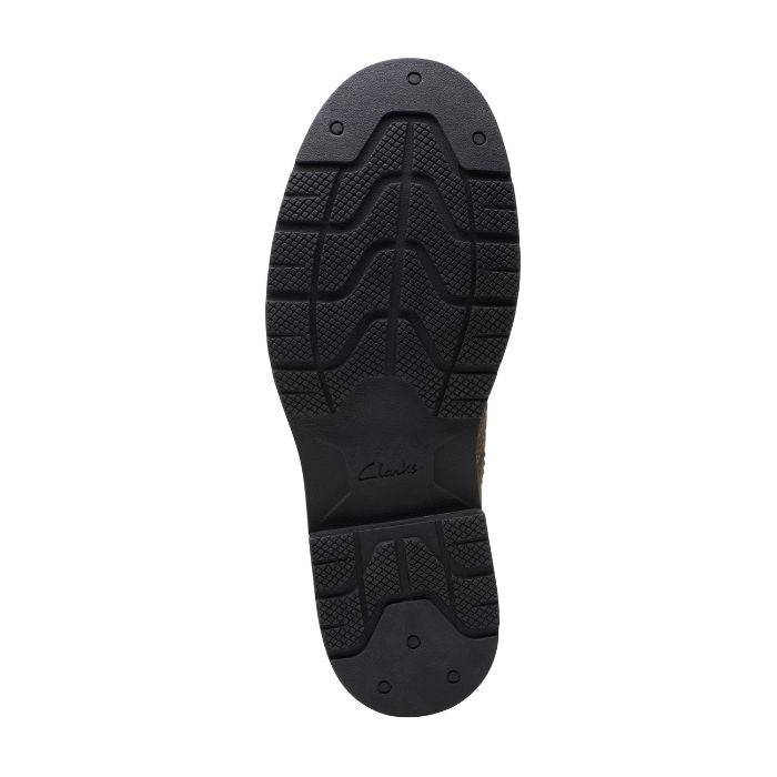 Black rubber outsole with Clarks logo in center.