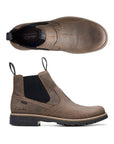 Top and profile view of Morris Easy Chelsea boot in stone. Clarks logo is embossed near the heel, and visible on the insole. 