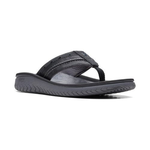 Black  leather thong sandal with fabric toe post and adjustable strap. 