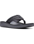 Black  leather thong sandal with fabric toe post and adjustable strap. 