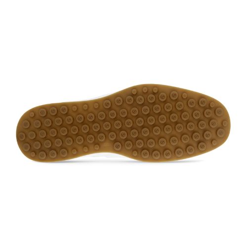 An Ecco brown outsole of raised rubber circles, each with a lowercase "e" inside .