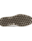 An Ecco grey outsole with raised rubber circles each with a lowercase "e" inside. 