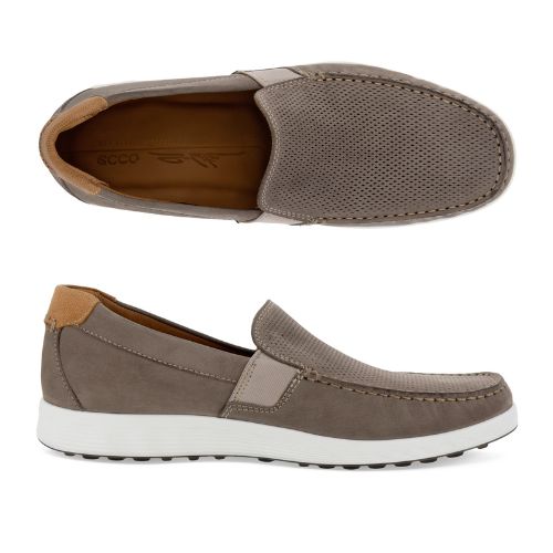 A pair of Ecco grey nubuck slip-ons with a white midsole. Upper has perforations and apron stitching. 