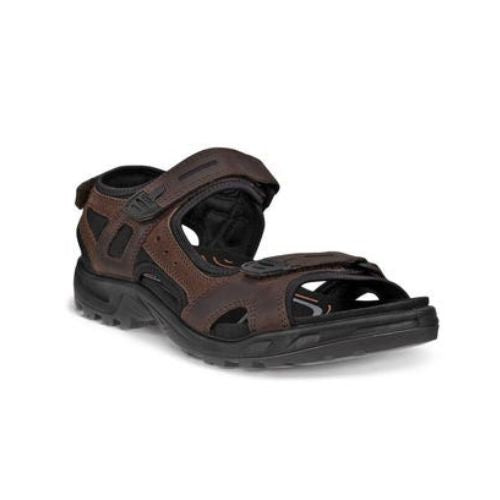 An Ecco Yucatan  dark brown nubuck sandal with black accents on velcro heel, instep and toe straps. Footbed, midsole and outsole are black.