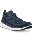 An Ecco navy blue mesh sneaker with blue laces, white midsole, and a black outsole. 