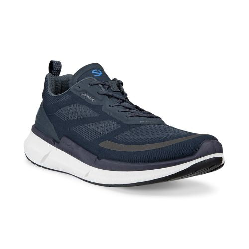 An Ecco navy blue mesh sneaker with blue laces, white midsole, and a black outsole. 