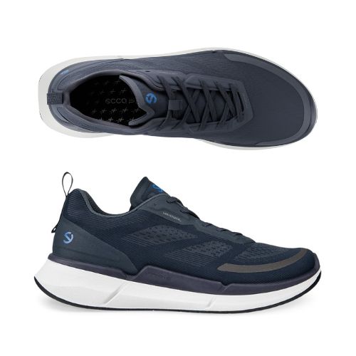 A pair of Ecco navy blue mesh sneakers with blue laces, white midsole, and a black outsole. 