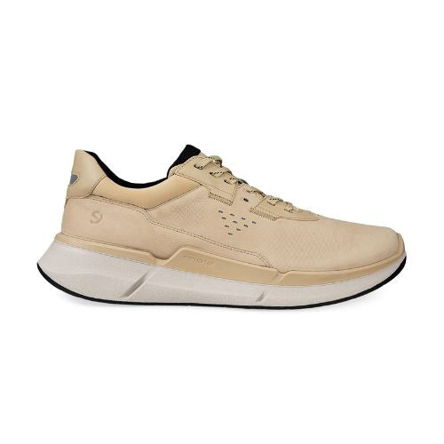 Profile of an Ecco light beige leather sneaker with black accents in beige laces. Lining is black. Midsole is white, outsole is black.  