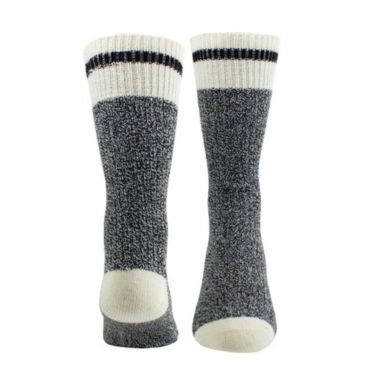 Front and back image of Grey wool socks with white cuff, toe and heel; with black stripe detail through cuff