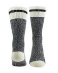 Front and back image of Grey wool socks with white cuff, toe and heel; with black stripe detail through cuff