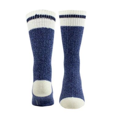 Front and back view of Navy wool socks with white cuff, toe and heel; with dark navy stripe detail through cuff