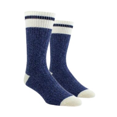 Navy wool socks with white cuff, toe and heel; with dark navy stripe detail through cuff